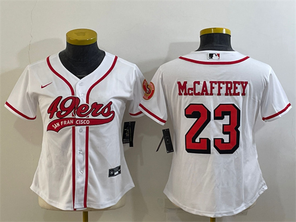 Women's San Francisco 49ers #23 Christian McCaffrey New White With Patch Cool Base Stitched Baseball Jersey(Run Small)
